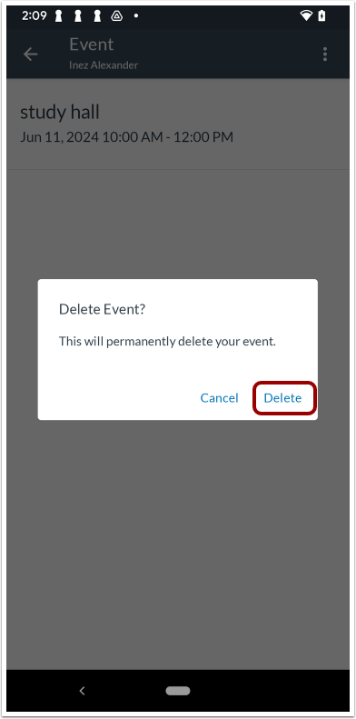 Delete Event Confirmation Message