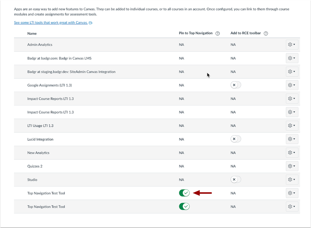 Account Level External Apps Page Pin to Top Navigation Toggle