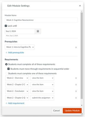 Edit module prerequisites and requirements through module settings.