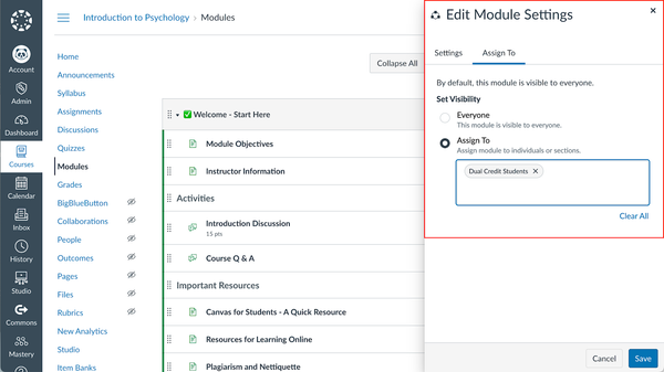 Modules with the Edit Module Settings modal displayed on the Module view