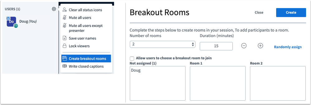 Breakout rooms interface Breakout rooms interface