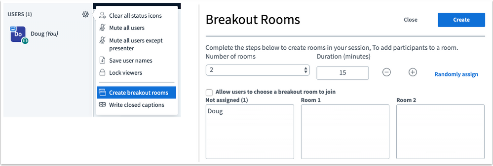 Breakout rooms interface