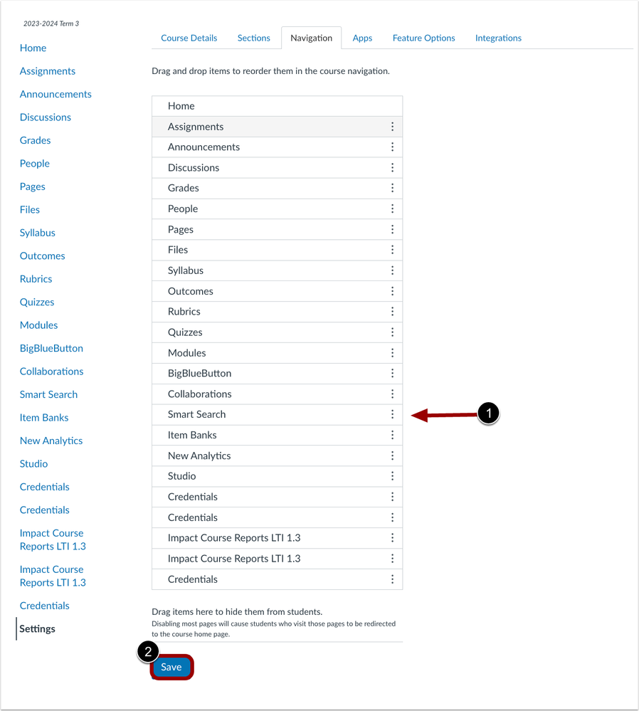 Course Settings Navigation Page