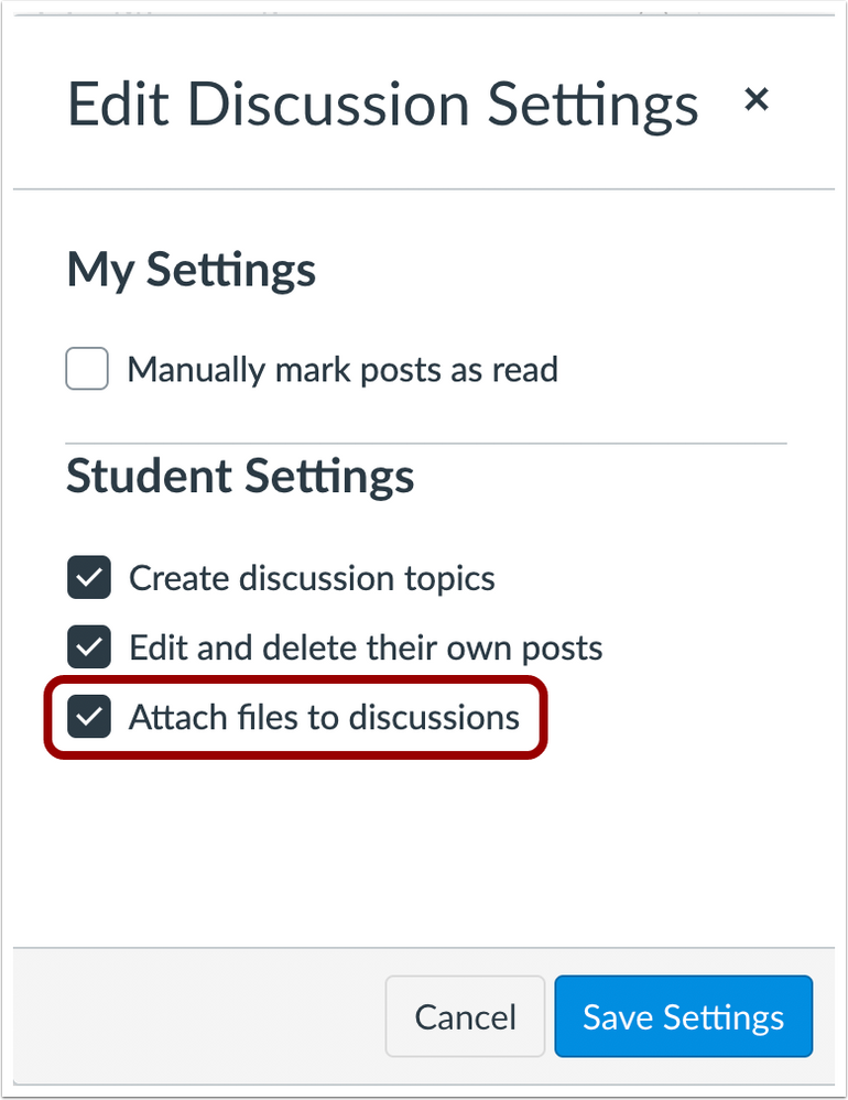 Discussions Settings Menu with File Attachments Enabled by Default
