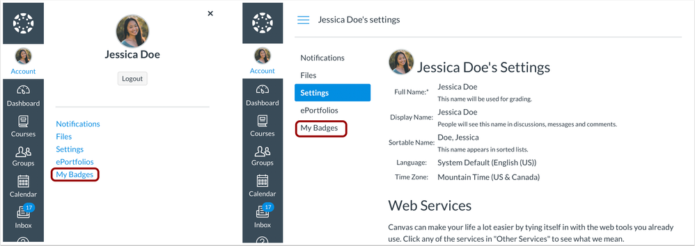 LTI tools with user navigation placement display in the Global Navigation Account Menu