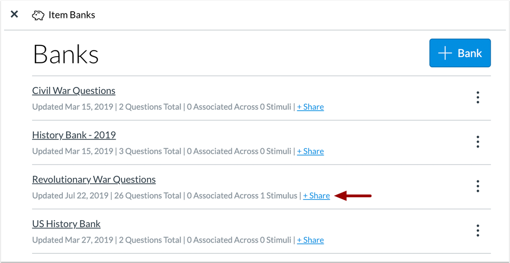 Share Banks button in quizzes