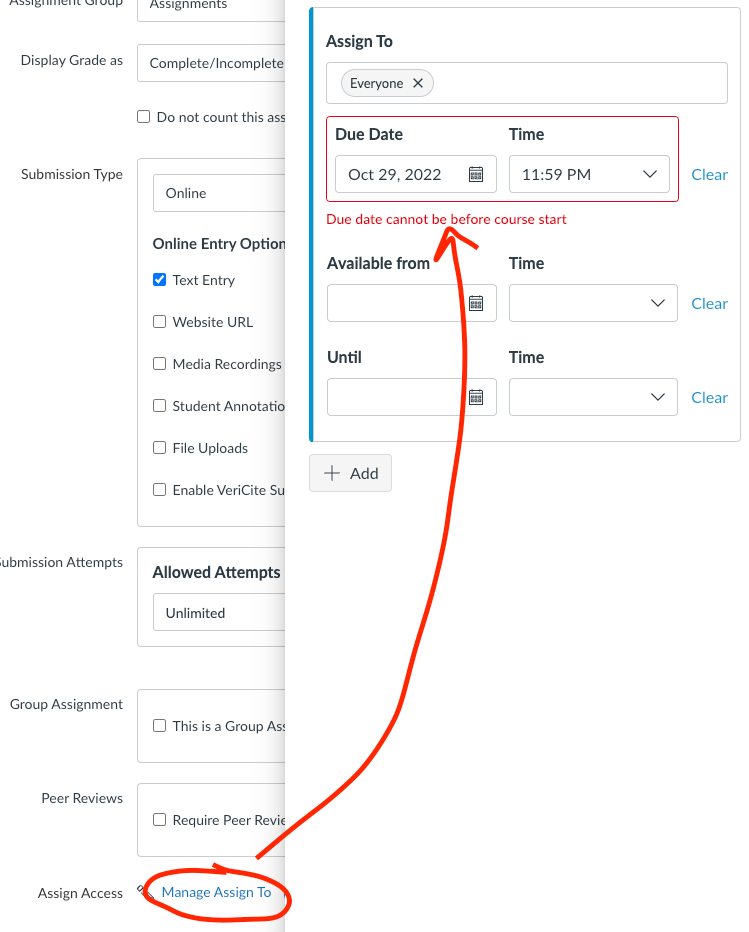 Date conflict error only appears when the Assign To tray is visible.