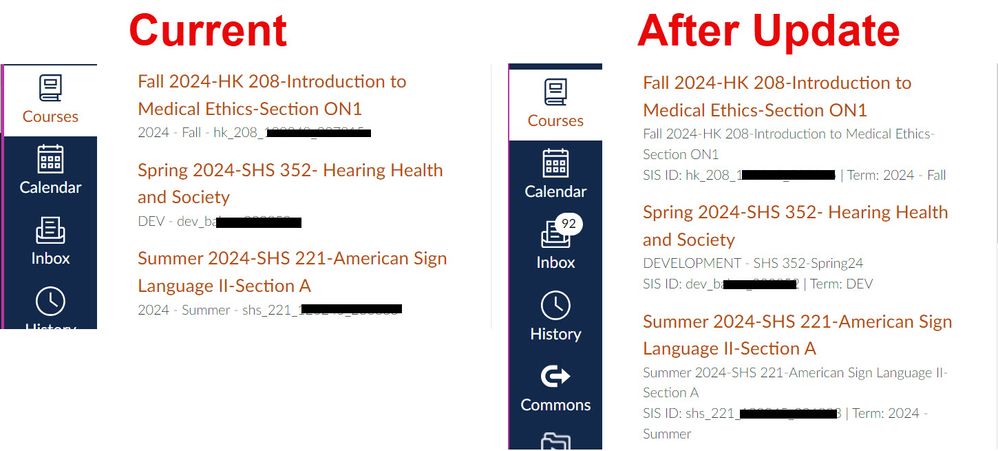 Comparison of current courses tray with the tray after update