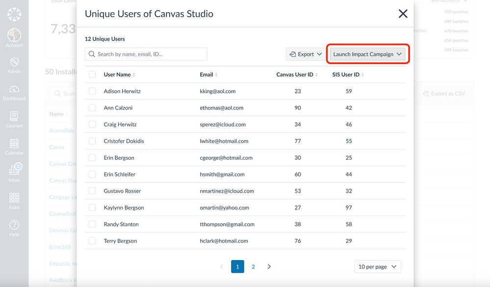 Example modal of Uniquer Users of Canvas Studio where Admins can launch an Impact Campaign to bring awareness and deepen adoption of the LTI tool