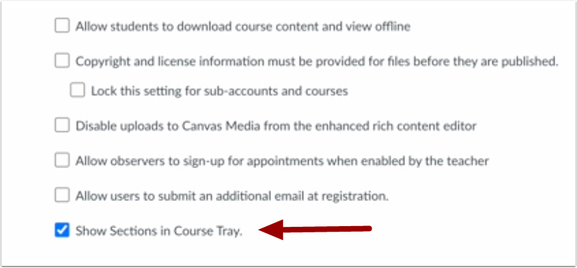 Account Setting Show Sections in Course Tray Setting