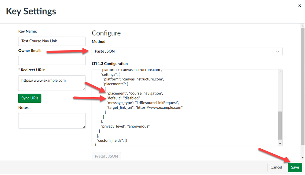 developer key settings to hide course navigation placement by default