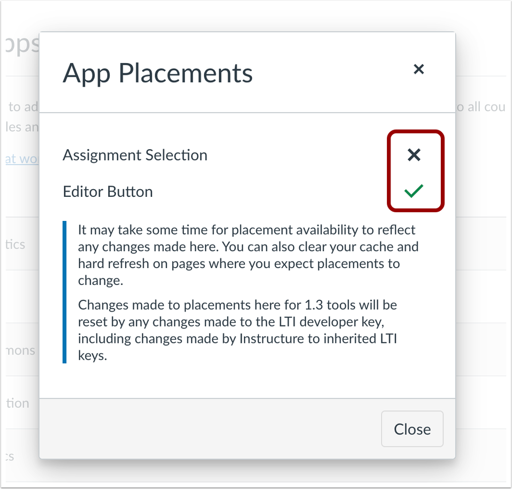 External Apps Page App Placement Modal