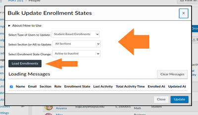 bulk update enrollment states dialog select options and load enrollments