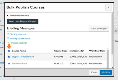 use the checkboxes in the table to adjust courses included to be updated