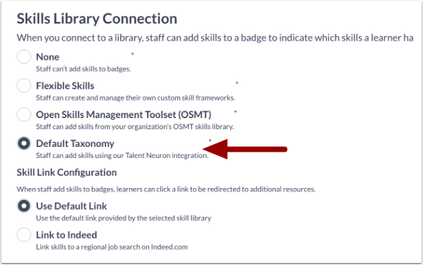 Skills Library Connection Default Taxonomy Radio Button