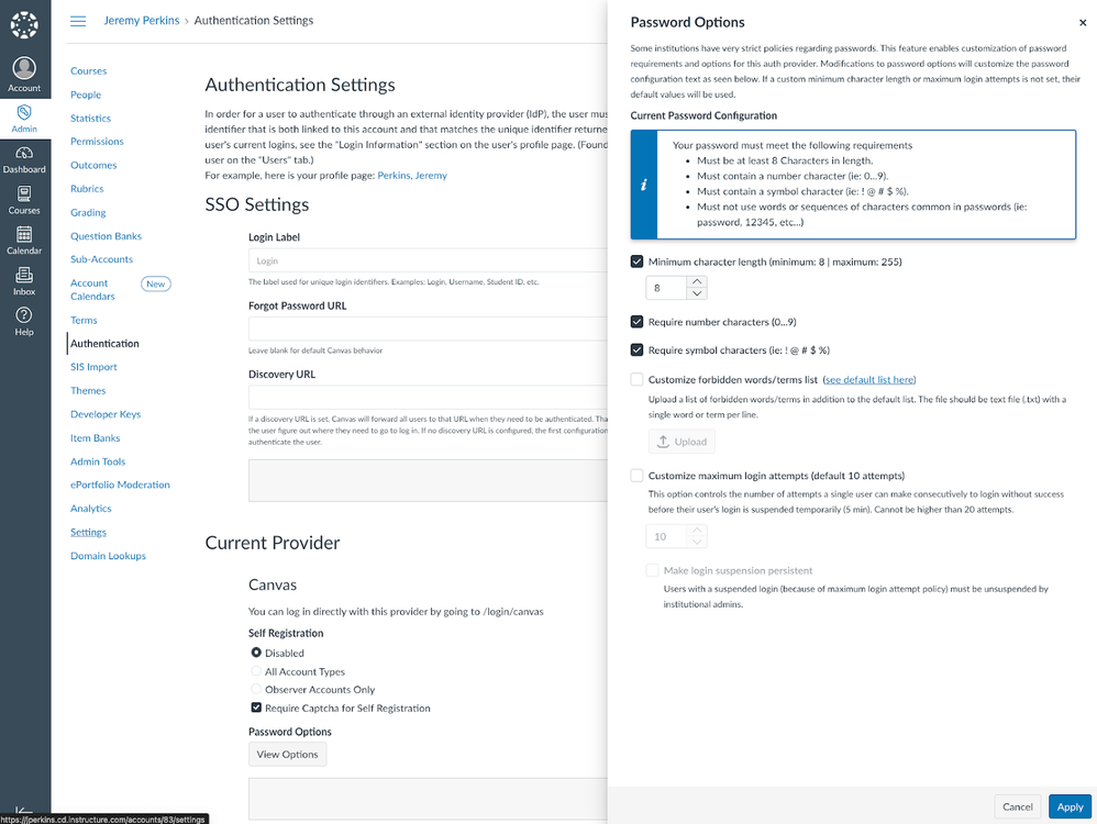 A picture of a Canvas Root Account Authentication page with the new password options tray open. The available password options for configuration are visible.