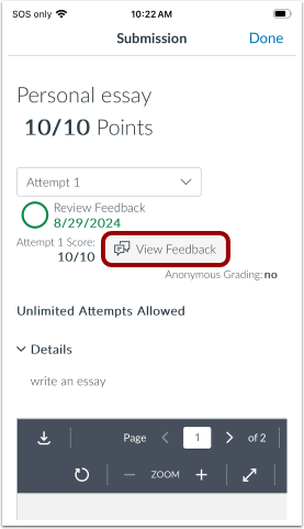 Assignment Details View Feedback Button