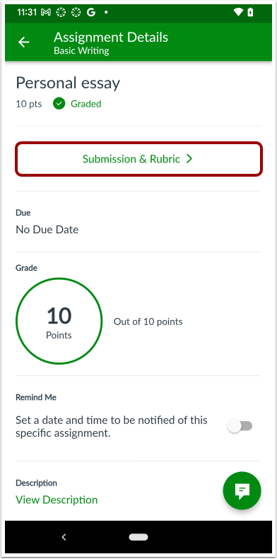 Assignment Details Submission and Rubric Button