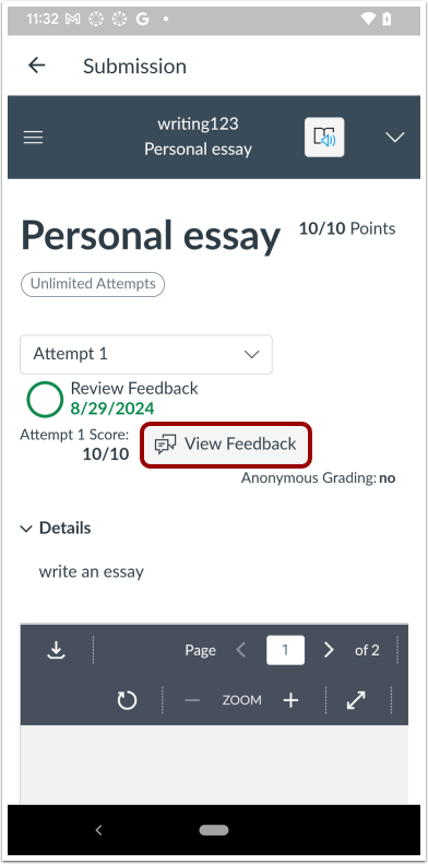 Assignment Details View Feedback Button