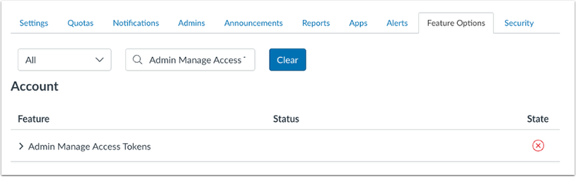 Admin Manage Access Tokens Feature Option