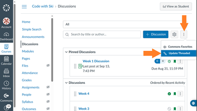 course discussions options menu