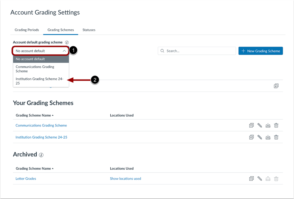 Account Level Grading Scheme Drop-Down Menu