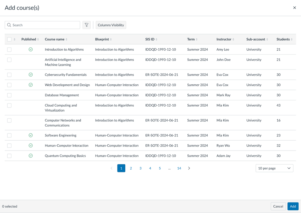 Screenshot of V2's modal design to select course(s) for targeting