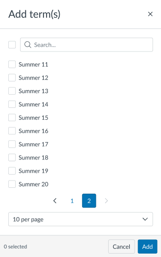 Screenshot of V2's modal design to select term(s) for targeting