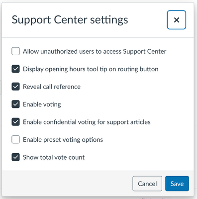 Screenshot of Support Center settings modal