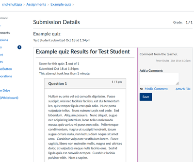 View of a Quiz attempt, showing instructor comments in right sidebar