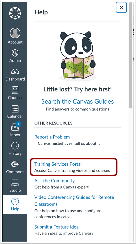 Training Services Portal Link in Canvas Help Menu