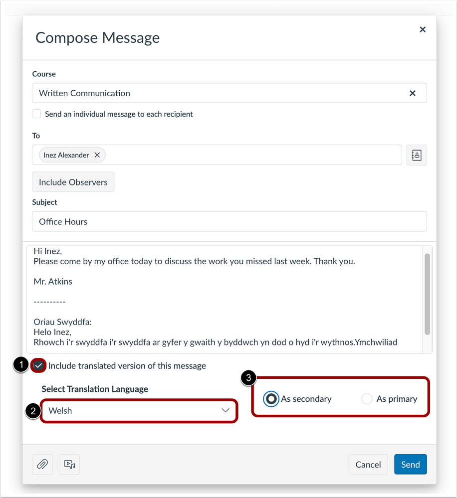 Compose Inbox Message Translation Options