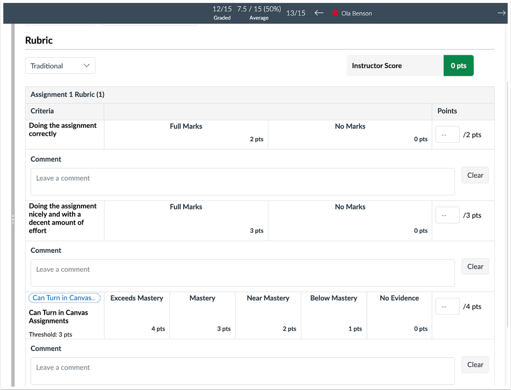 SpeedGrader Rubric View