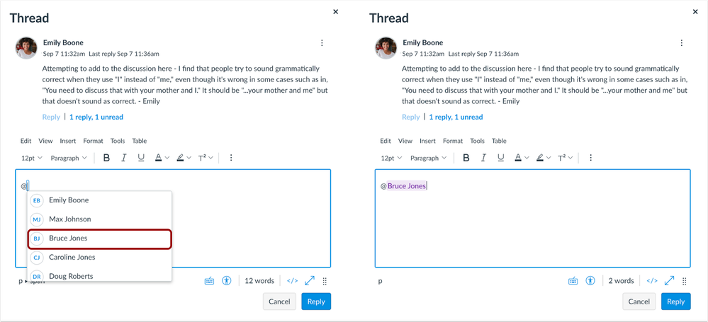 Canvas Discussion thread open with an @ symbol typed in the post which opens a drop down menu of all users in the course; users can select the name of the person they want to mention, which then highlights the user's name and sends a notification to them