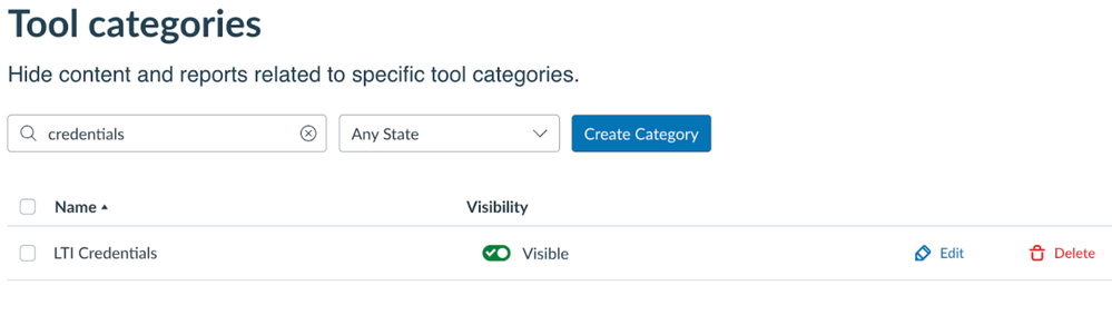 Screenshot of the LTI Credentials Tool Category on Impact Dashboard