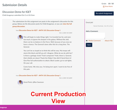 Example of what a student sees after selecting the title of the discussion from Grades