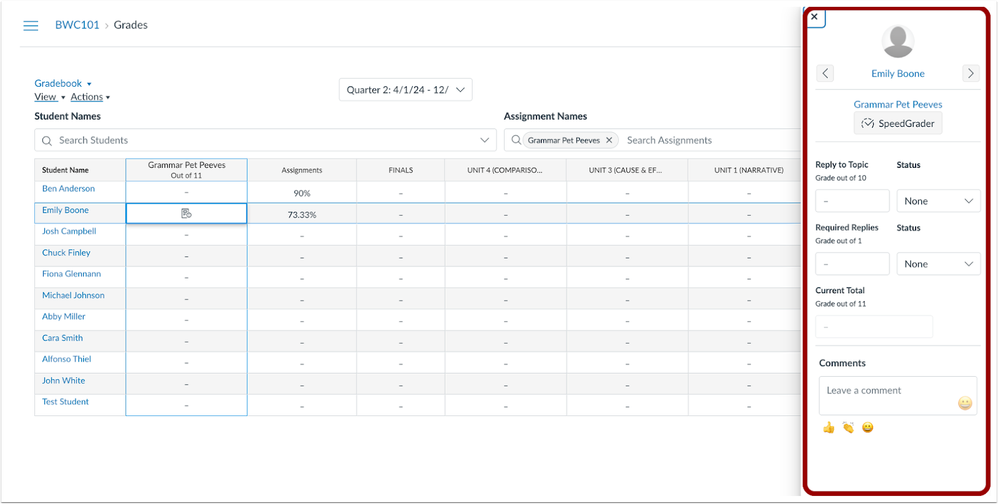 Instructor Grade Detail Tray Discussion Checkpoint View