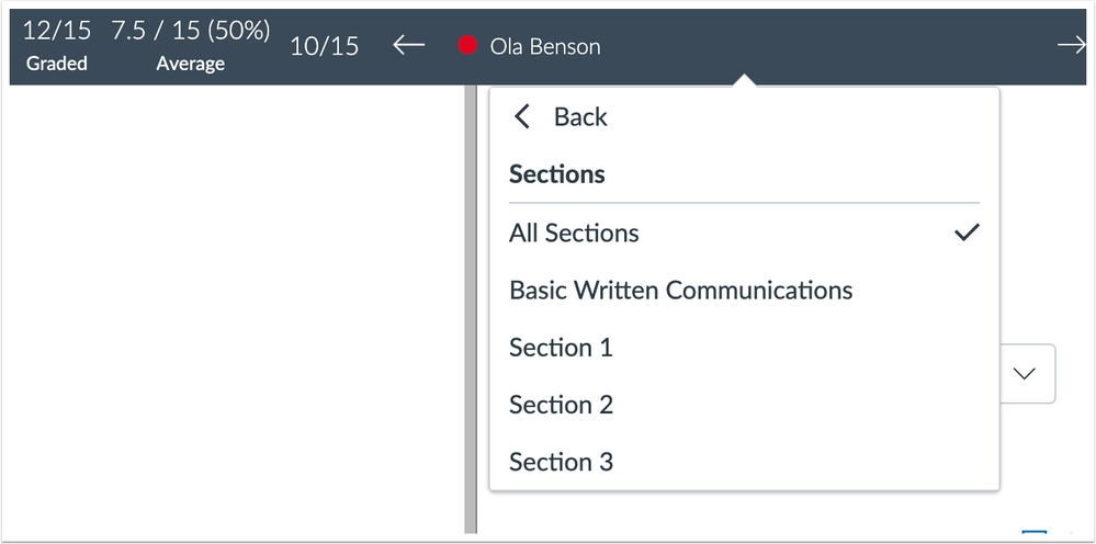 SpeedGrader Sections Drop-Down Menu