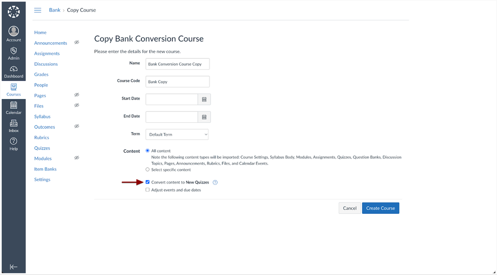 Copy Course Convert Content to New Quizzes Checkbox