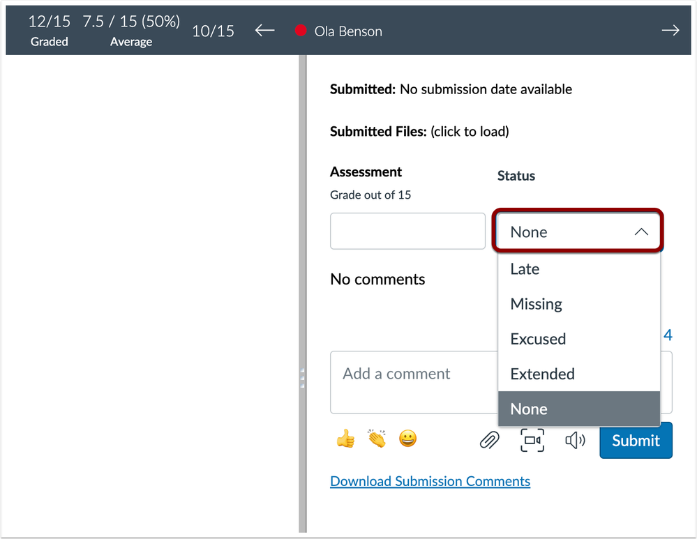 Submission Status Drop-Down Menu