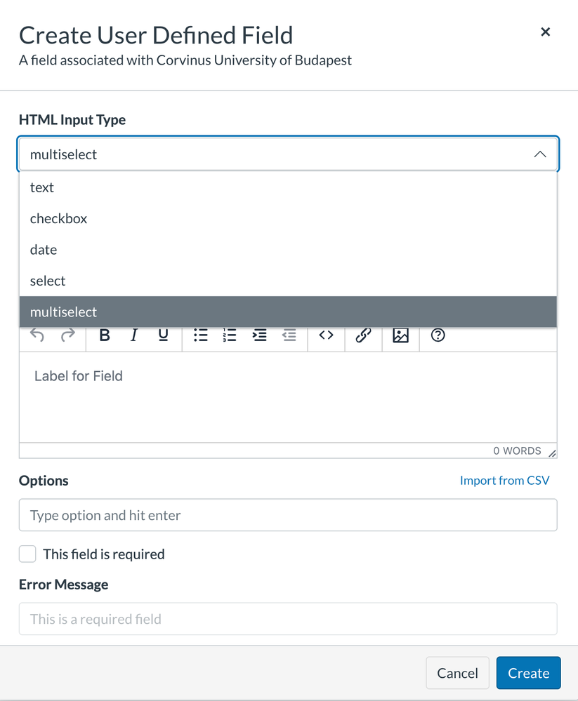 Multiselect type UDF