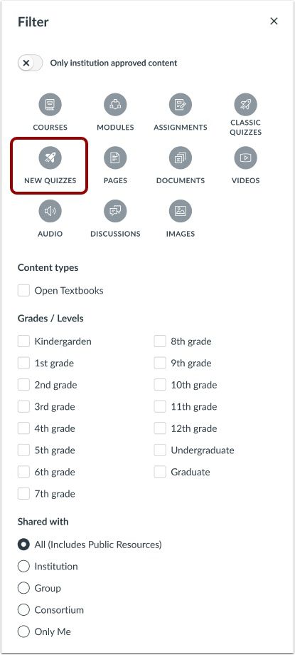 View New Quizzes Resource Type