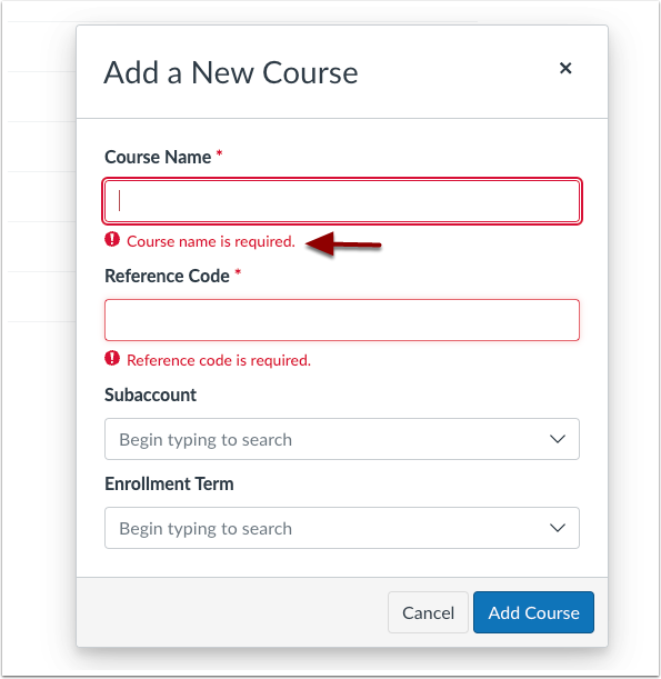 Add a New Course Error Text