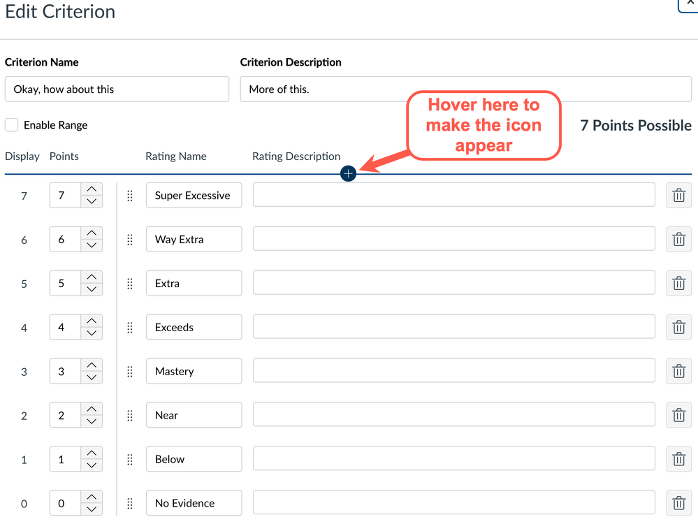 Edit Criterion modal with plus-sign icon at the top of the rating list and callout indicating the icon