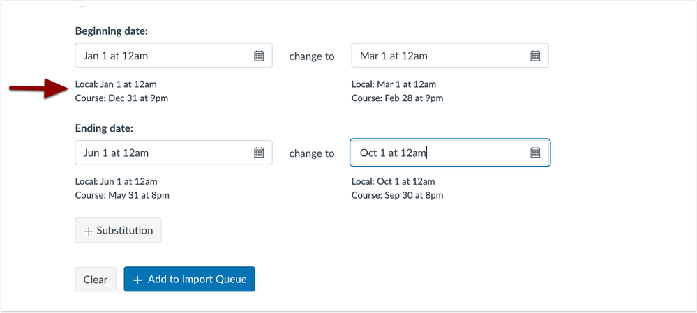 Import Content Adjust Dates for Local and Course