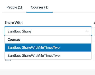 Drop down menu from the Share with Course screen showing the same course appearing twice in the list.