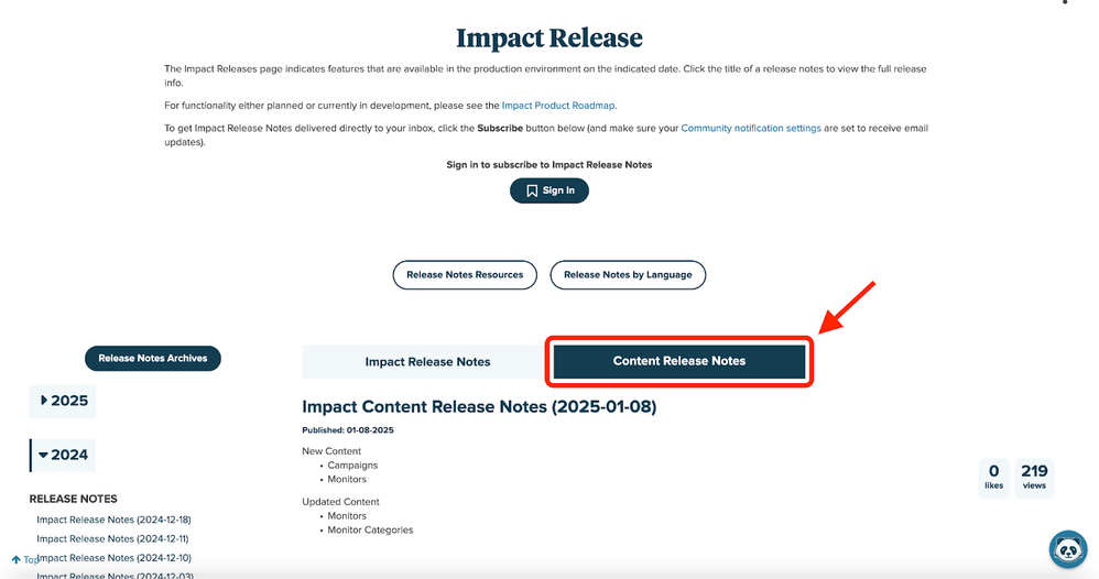 screenshot of Content Release Notes section of the Impact Release Notes area of the Community