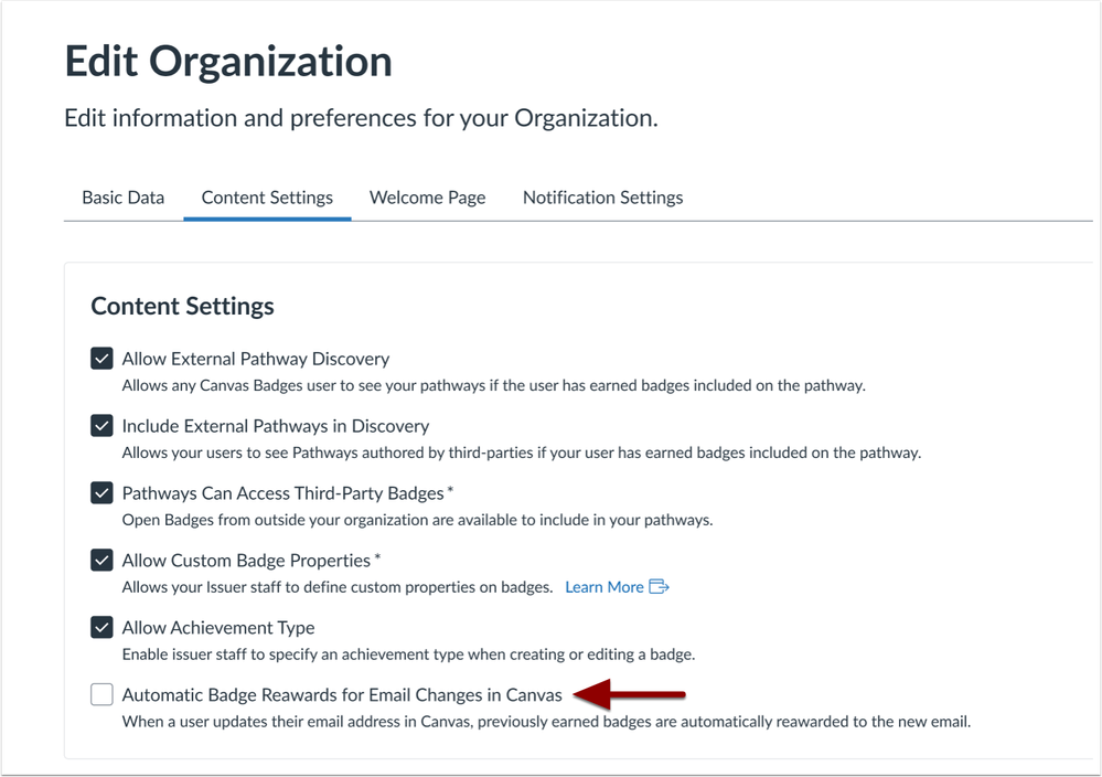 Unchecked Automatic Badge Reawards for Email Changes in Canvas Checkbox