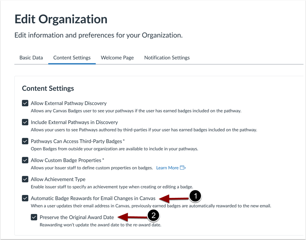 Content Setting Automatic Badge reawards for Email Changes in Canvas Checkbox