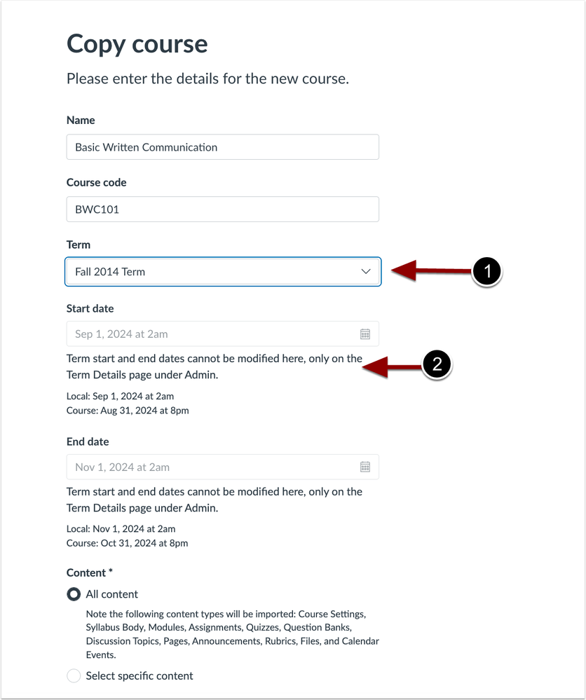 Copy Course Term Field and Start Date Field Text